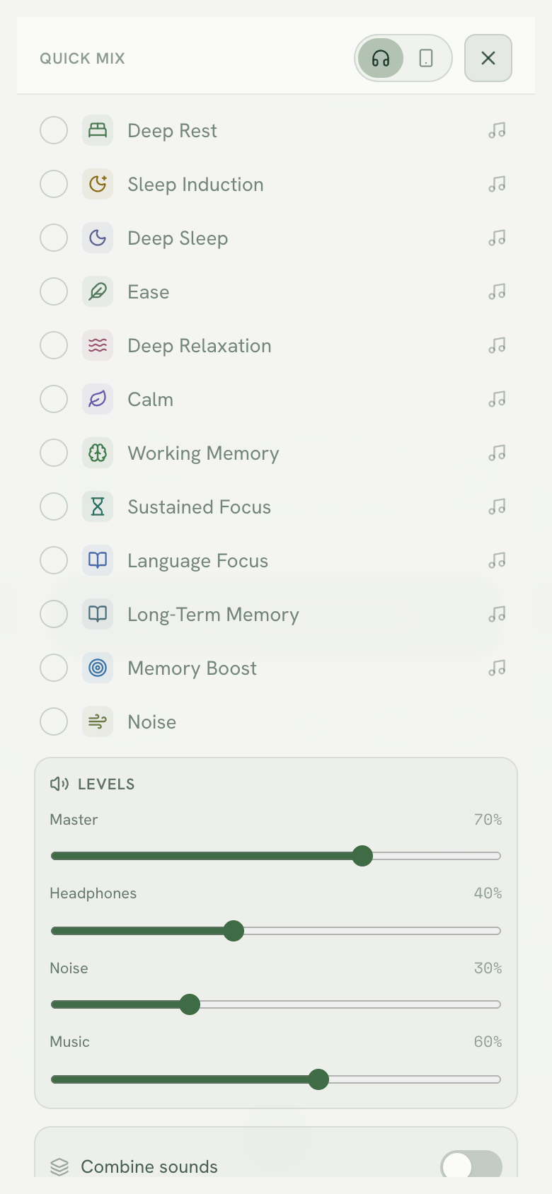Neuro Gardens mixer with listening goals and separate volume controls for headphones, noise, and music