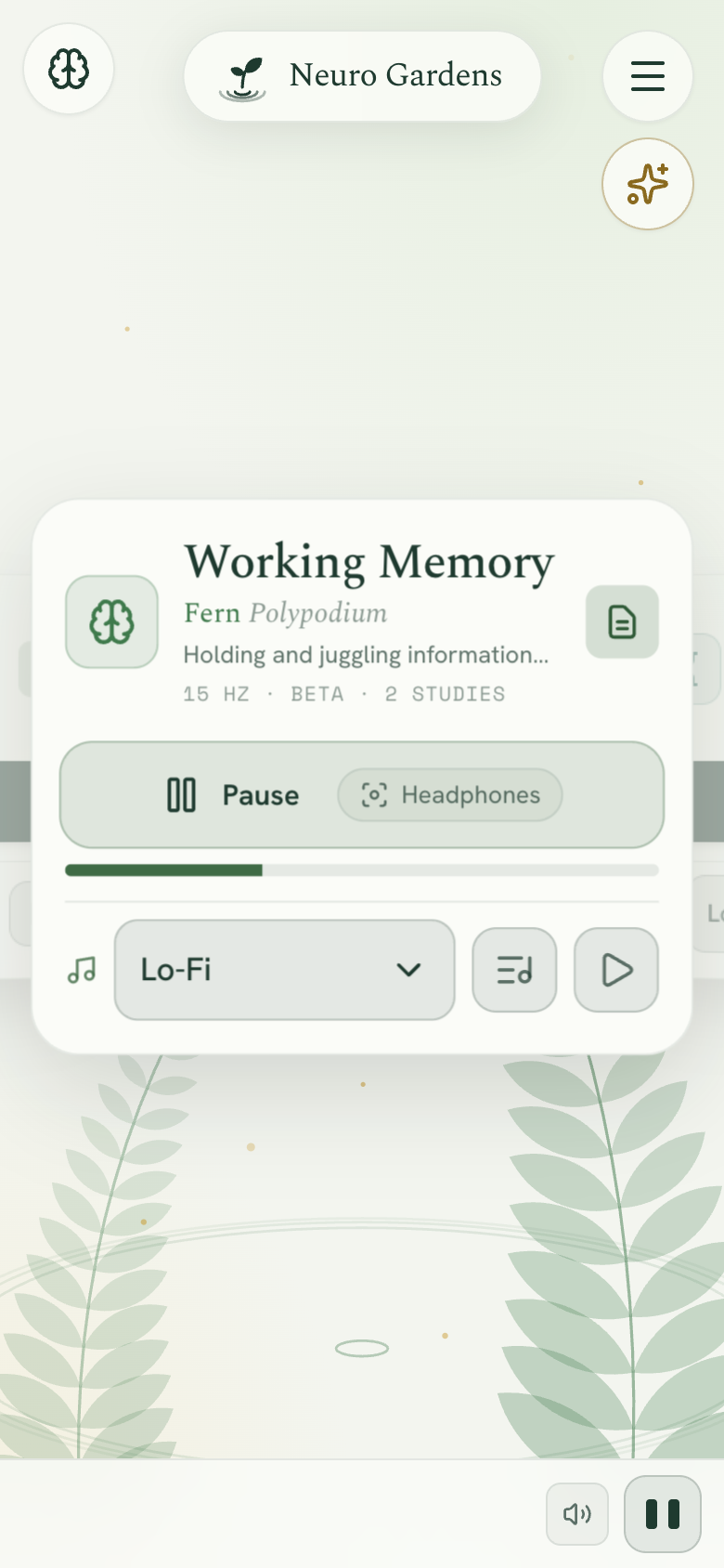 Neuro Gardens app showing a sound session with a beat, music selection, and playback controls